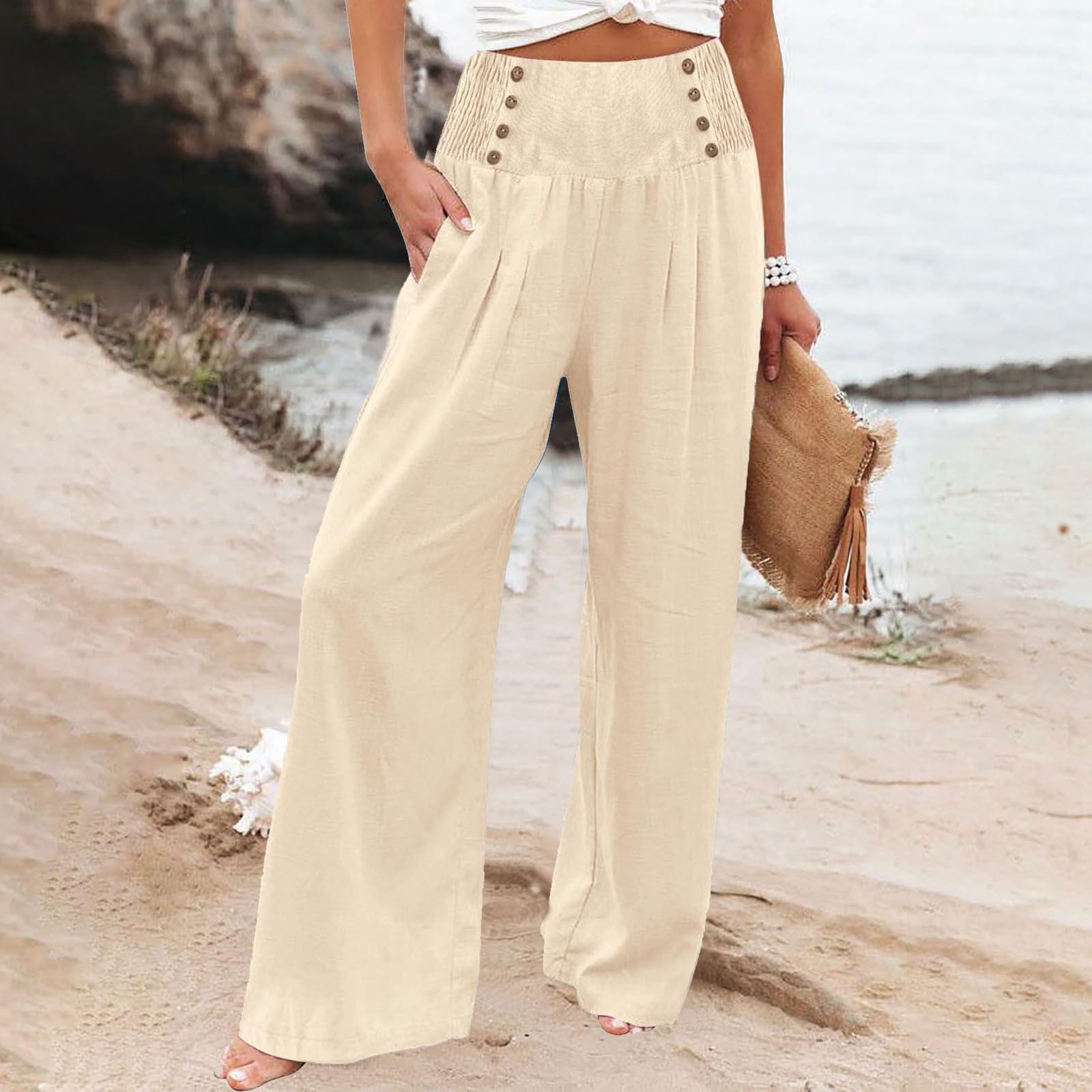 【BAON】Ukon button color wide pants Xuniizn Women's Pants Solid Color Zip Up Button Flowy Wide