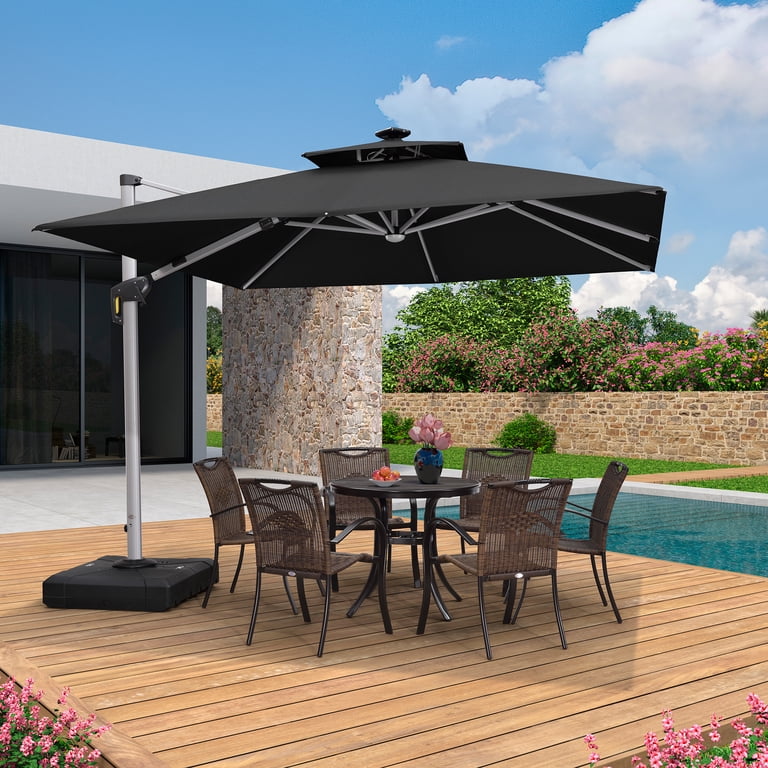 garden patio umbrella PURPLE LEAF Large Rectangular Porch Outside Cantilever Yard Umbrella paired with a thick AMMSUN 7ft Patio Fringe Color:Blue/White Umbrellas and Umbrella Bases
