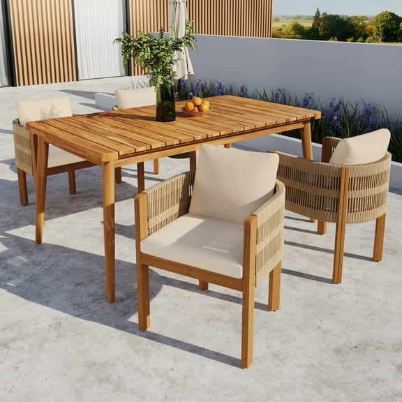 Christopher Knight Home 5-Piece Outdoor Dining Set with 63" Wood Table, 4 Rope Back Patio Chairs, Beige Cushion