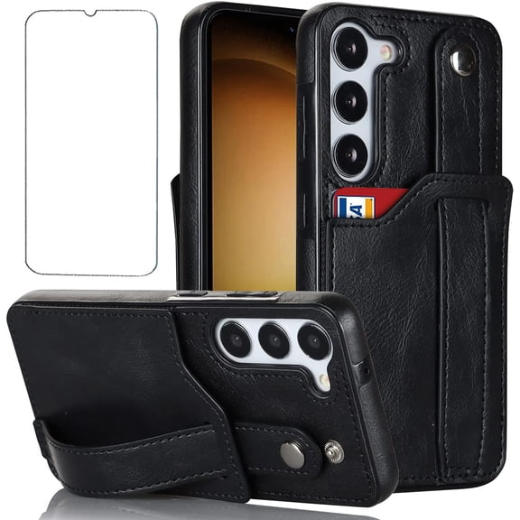 Design for Samsung Galaxy S23 5G Phone Case with Screen Protector Adjustable Wrist Strap Kickstand Credit Card Slot Slim Shockproof Hybrid Rugged Protective Cover for S 23 Women Men 6.1 inch Black