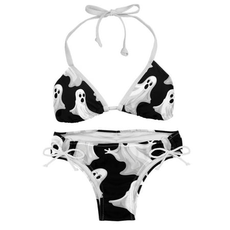 Sexy Women s String Bikini Set Fun Black Spooky Print Two Piece Triangle Bathing Suit Swimsuits XS