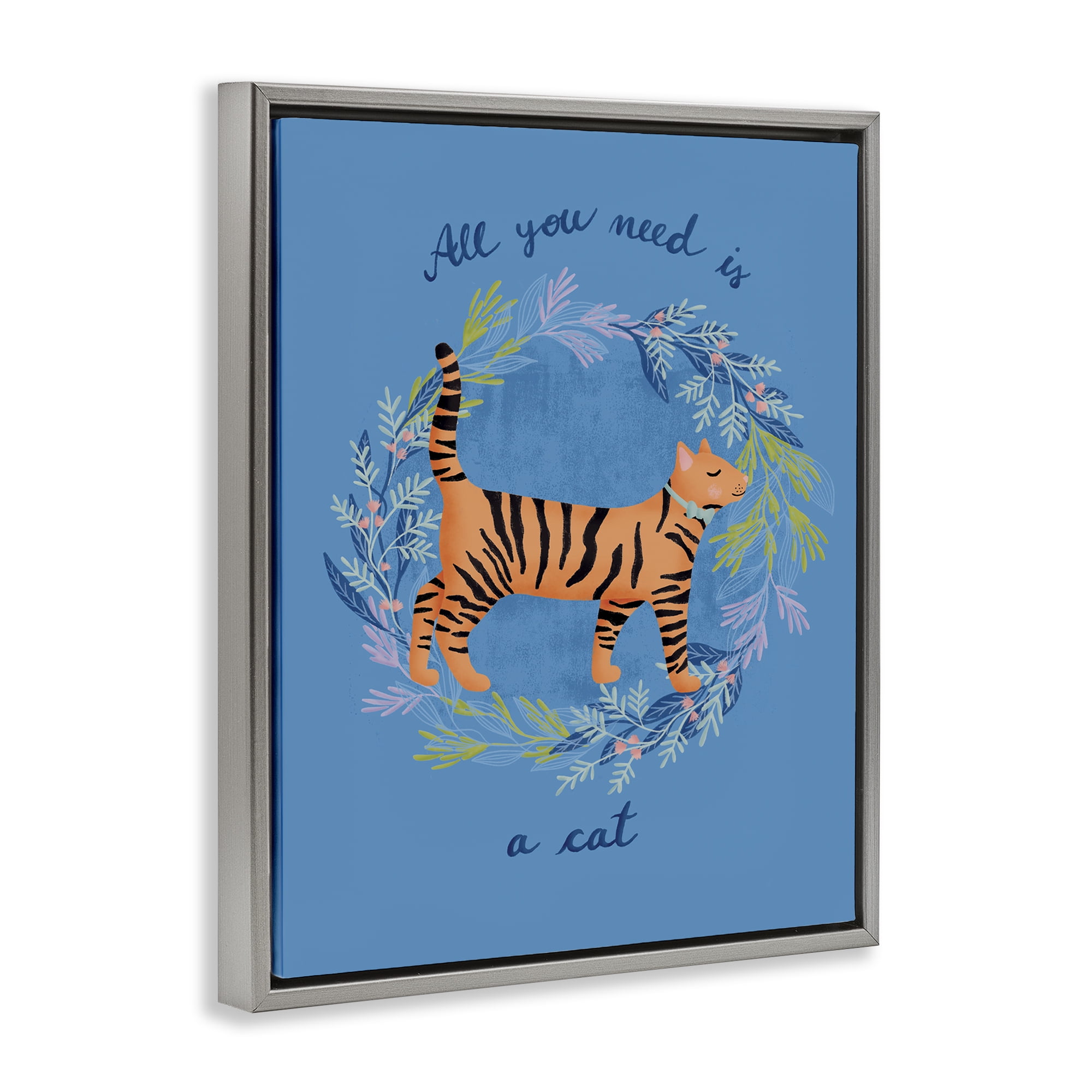 Stupell Industries Orange Cat on Wreath Animals Painting Gray Floater Framed Canvas Art Print Wall Art, 17 x 21