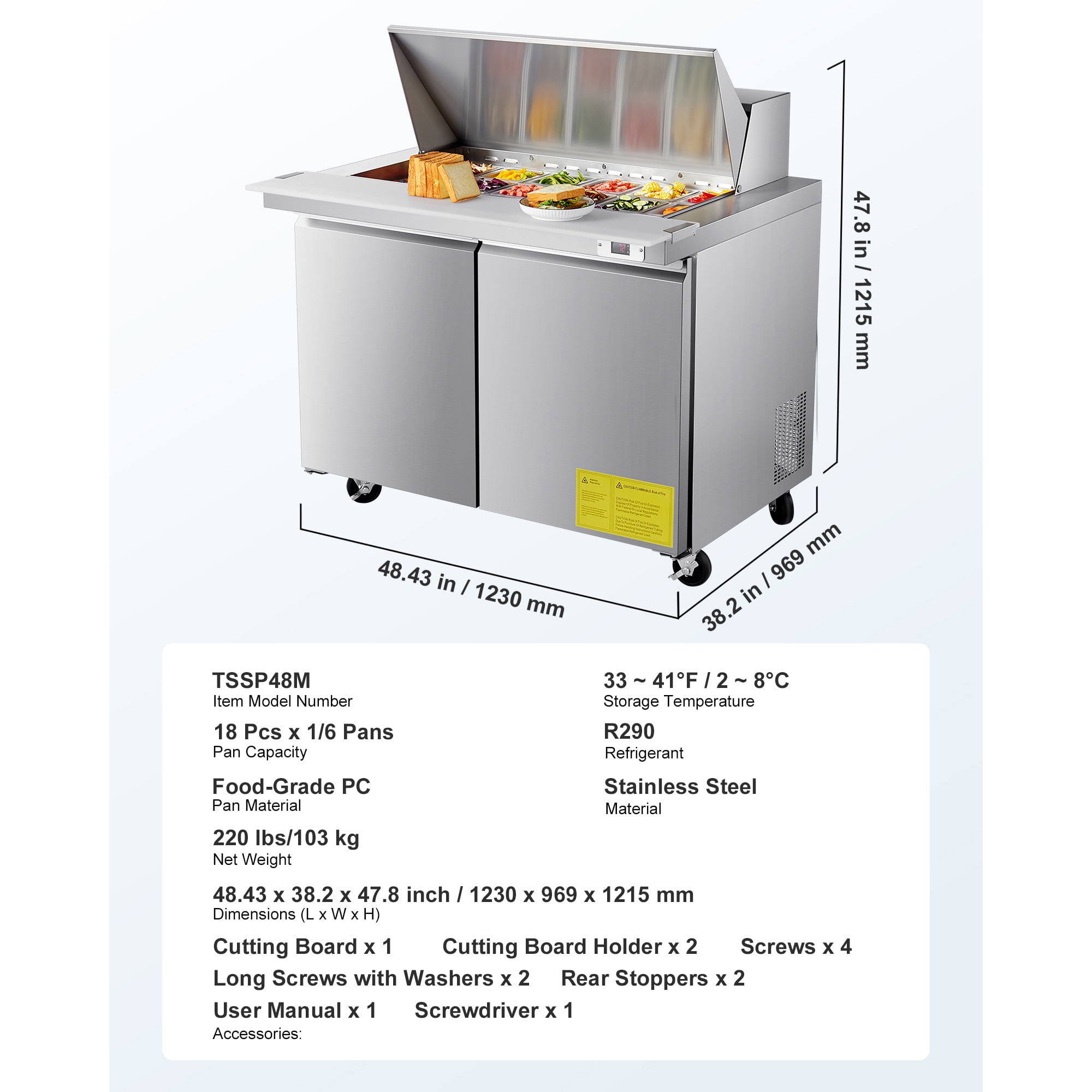 KFFKFF 48"W Commercial Refrigerator, 12.5 Cu. Ft Sandwich Prep Table with Refrigerated Storage, Mega Top Food Prep Unit Featuring 18 Pans and Cutting Board, Stainless Steel Salad Prep Cooler