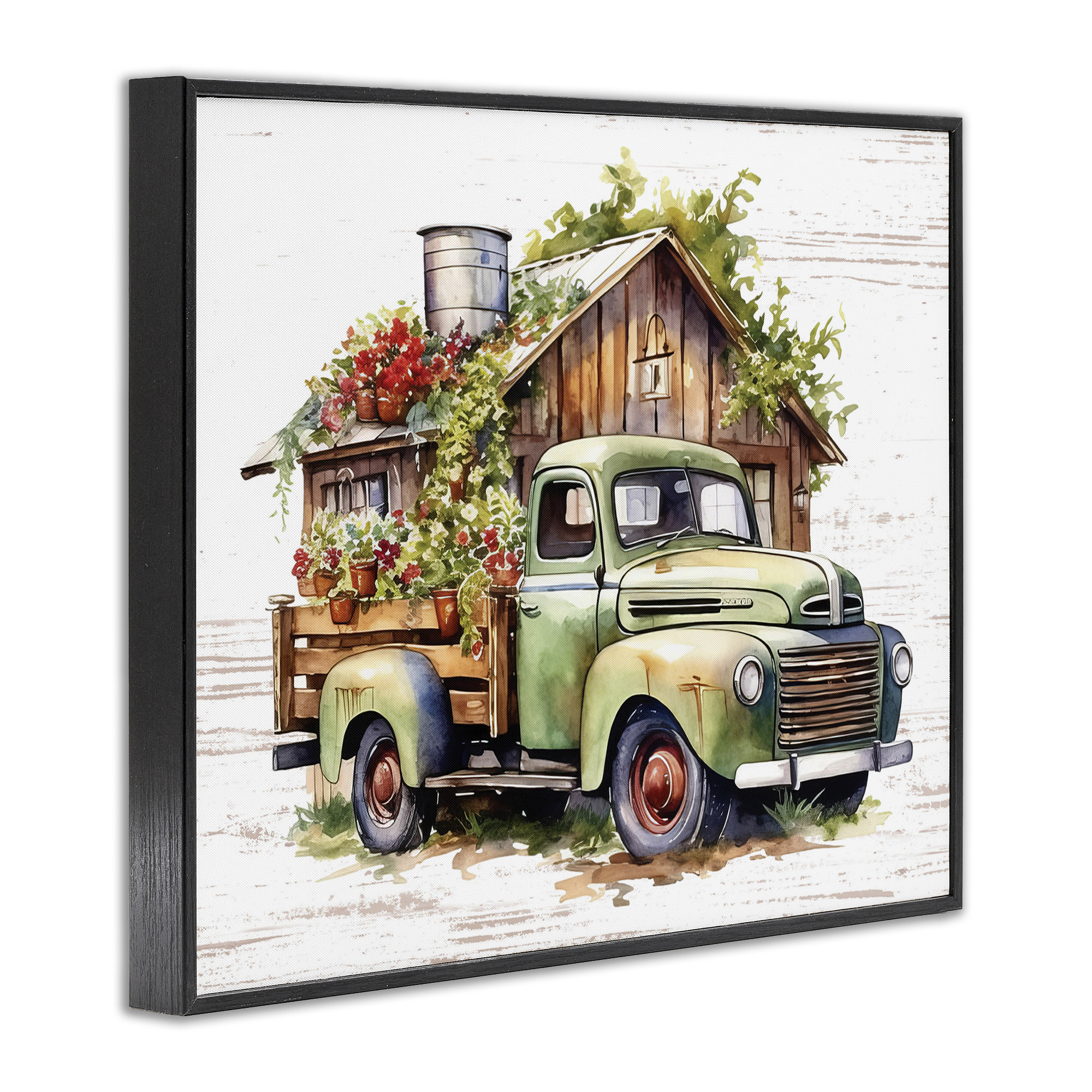 Stupell Industries Rustic Pickup with Greenery Transportation Painting Black Framed Art Print Wall Art, 20 x 16