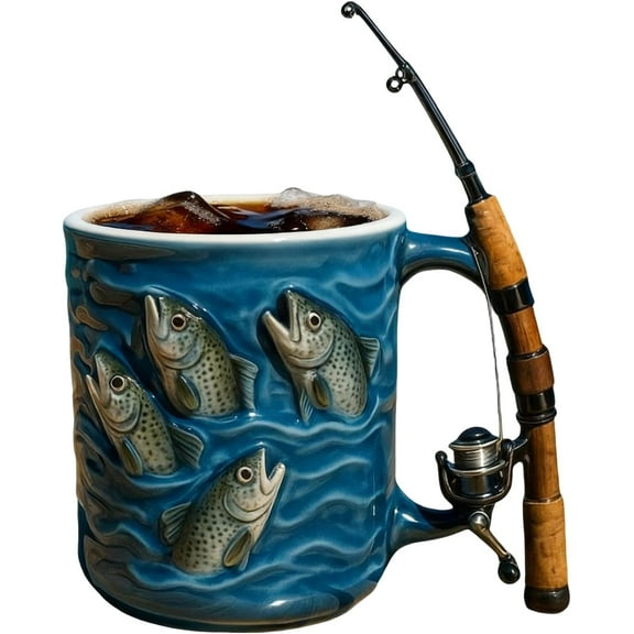 Fish Mug | Funny Fishing Rod & Reel Design Coffee Mug | Fisherman Tea Coffee Resin Cup with Comfortable Grip | Cool Christmas Fishing Gift for Fisherman Dad Husband (1pcs)