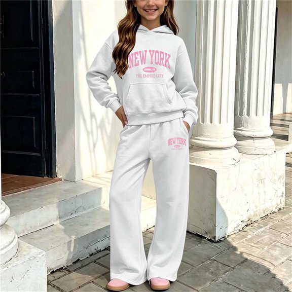 BRGZLK Girls Sweatshirt and Pants Set Vintage Y2K Letter Print Graphic Comfort Breathable Pullover Hoodie Sweatshirt and Loose Sweatpants Sweatsuit Outfits Fall Winter Clothes White 13-14 Years