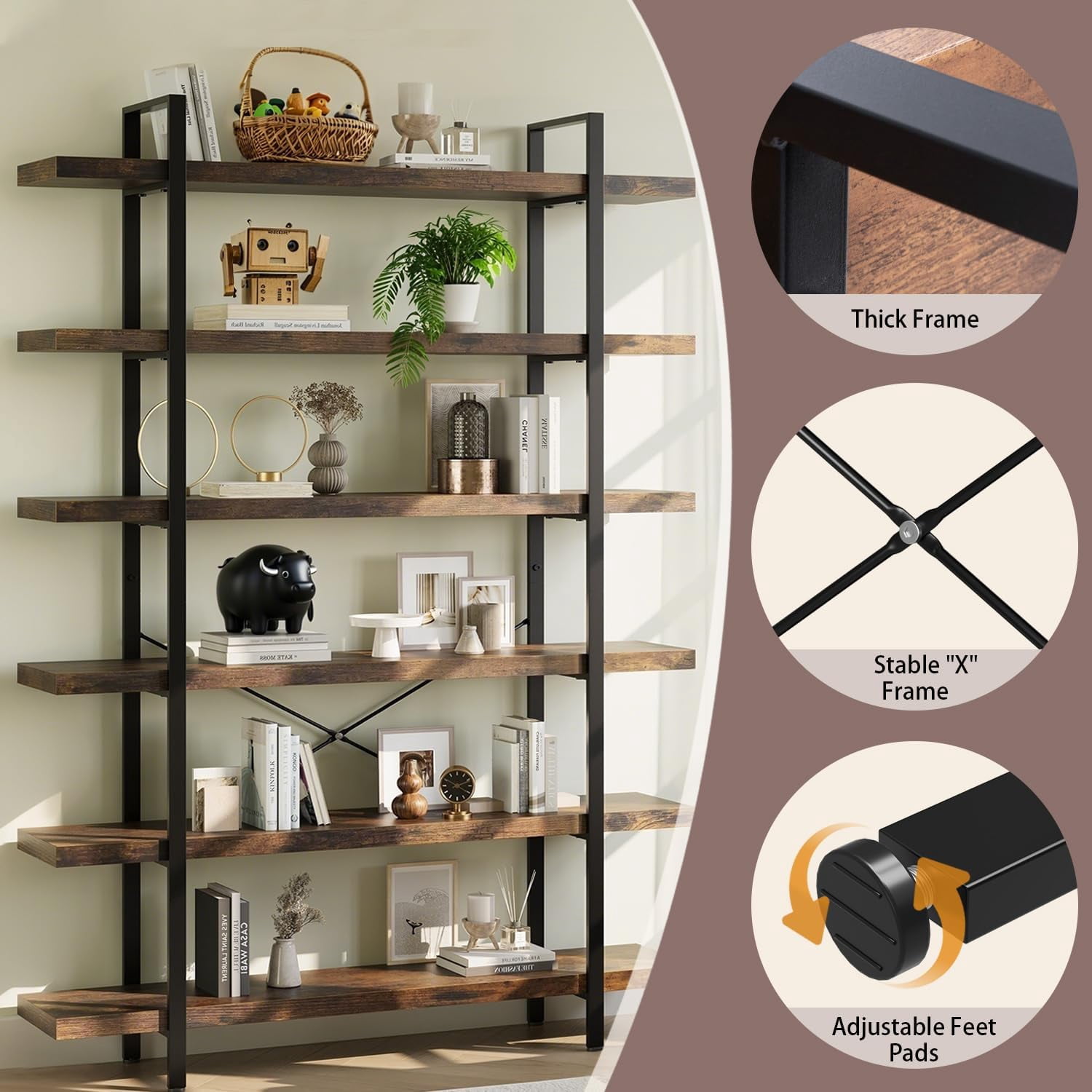 6-Tier Industrial Bookcase, 47 Inch Wide Wood Bookshelf, 120lbs Shelf Capacity, Rustic Open Shelving Heavy Duty Display with Reinforced Horizontal Brown Shelves for Living Room Bedroom Office