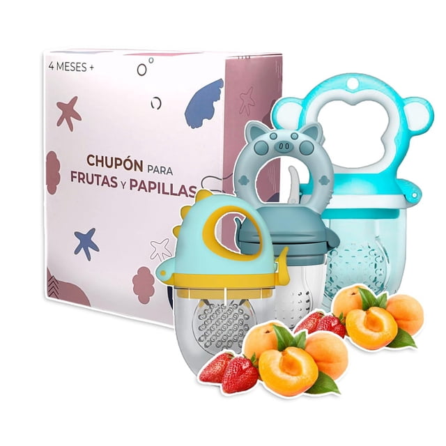 Chupones Alimentadores Dibujos Animados BPA Libre 3 Piezas Pig, Dino y Monkey para Bebés 4m+ Azul, V