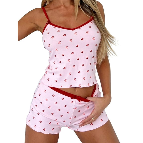 Michellecmm Women Pajama Set Cherry Print Cami Tops Casual Shorts Sleepwear