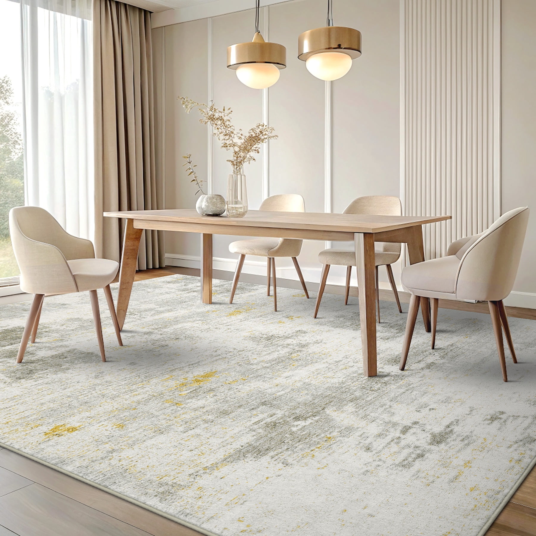 Buganda Area Rug for Living Room 5'X7', Washable Artificial Wool Area Rug, Low Pile Non-Slip Carpet for Bedroom Office Dining Room, Light Beige