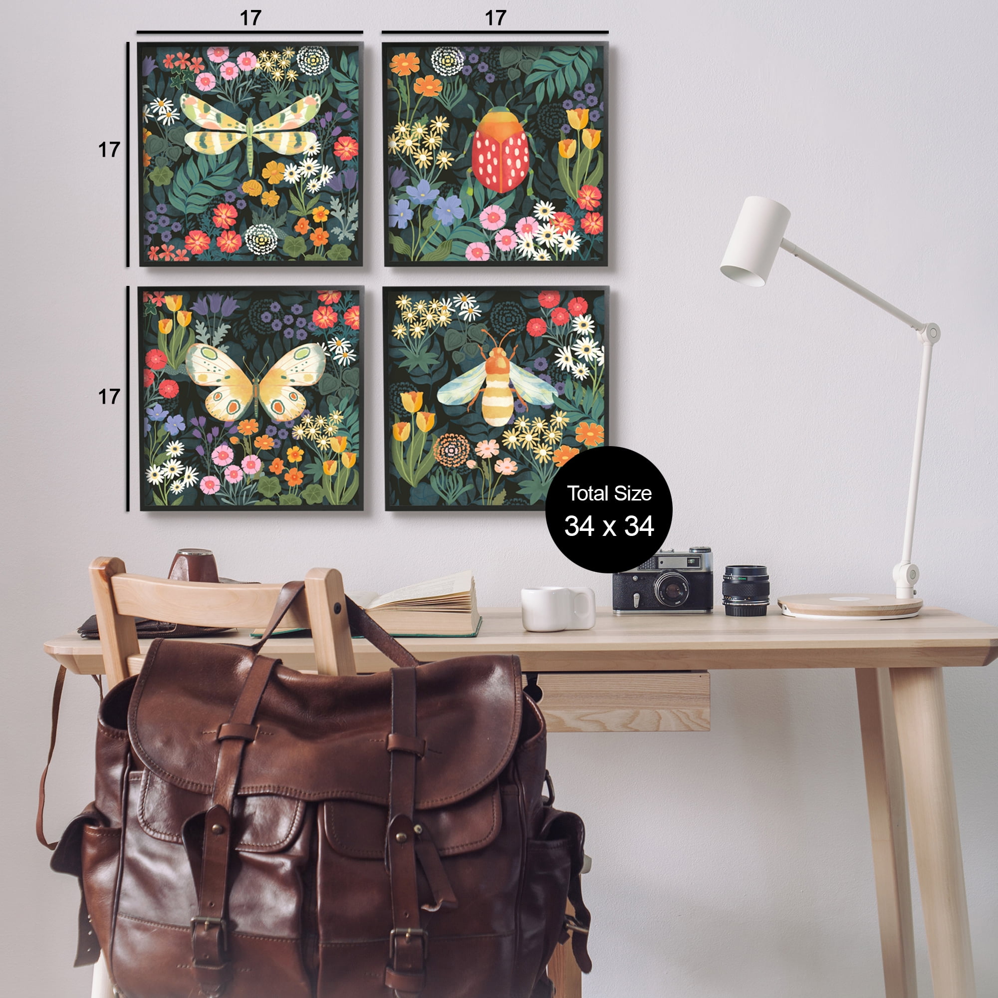 Stupell Industries Insects Among Wildflowers Animals & Insects Painting Black Framed Art Print Wall Art, 17 x 17, Set of 4
