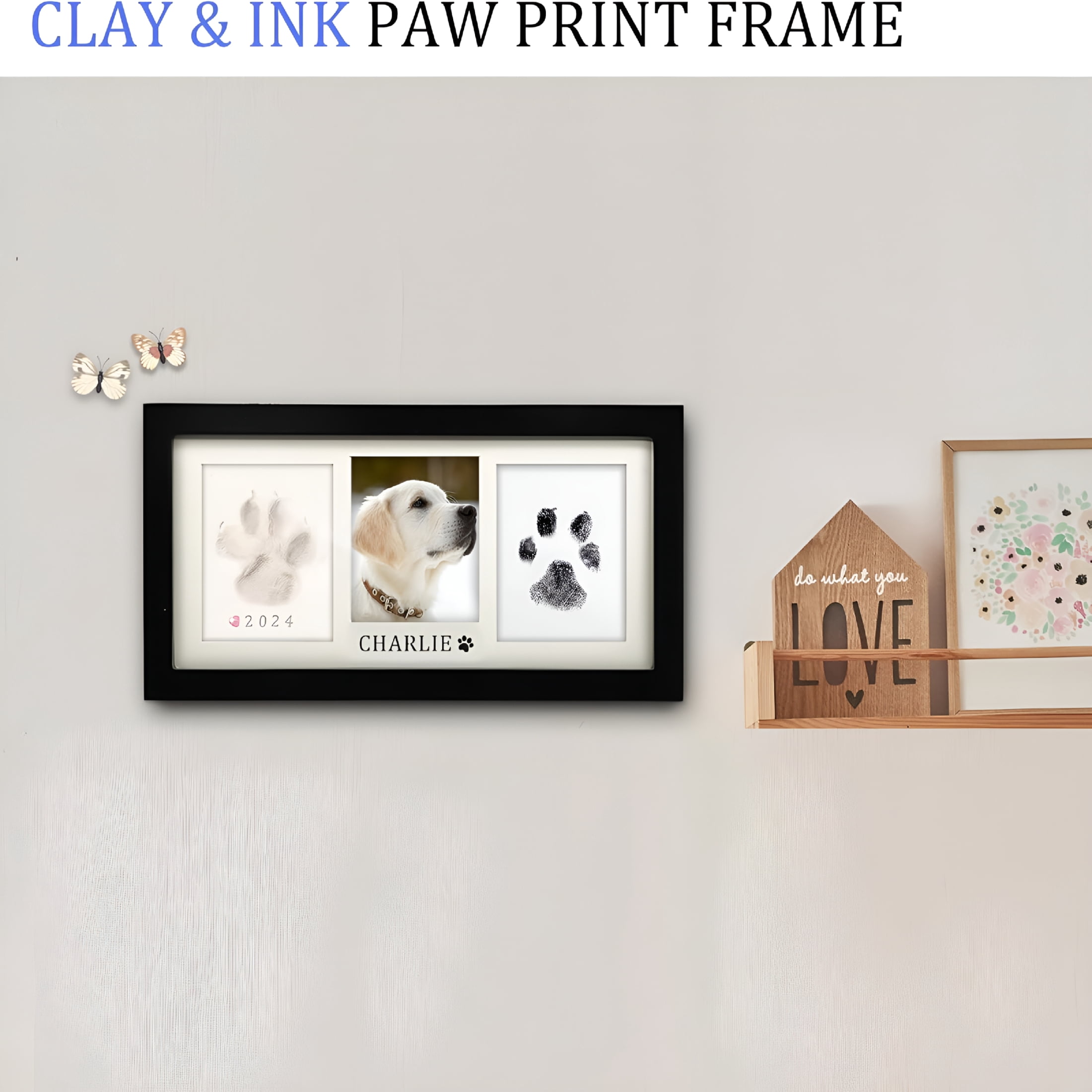 CCOCC Paw Print Frame Kit,Dog/Cat Paw Print Kit,Soft Pawprint Clay&Clean Touch Ink Pad,Pet Paw Print Impression Kit with Customization Tool,Wooden Pet Memorial Frame,Diy Dog Lover Gifts