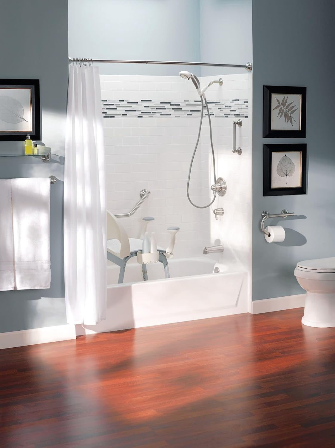 Brushed Nickel 8-Inch Wall Mounted Grab Bar with Integrated Toilet Paper Holder for Bathroom Safety and Accessibility