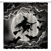 Spooky Halloween Shower Curtain Gothic Black Gray Halloween Witch Broom Horror Bat Ghost Full Moon Happy Halloween Night View Bathroom Decor Fabric Curtain with Hooks