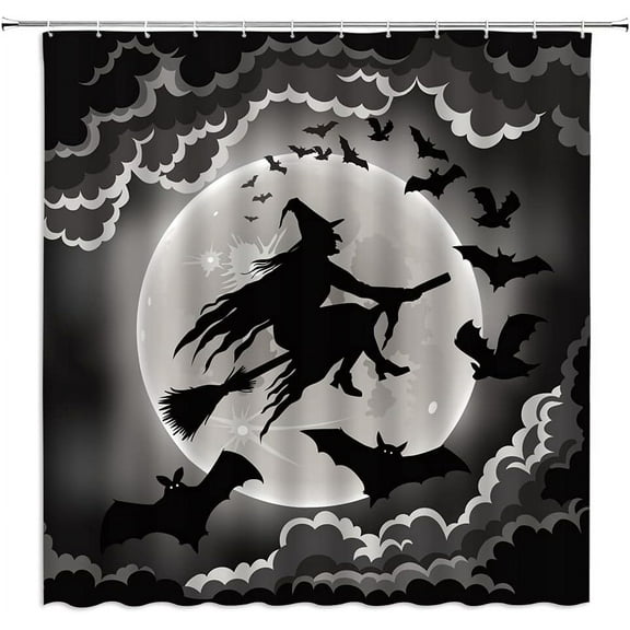 Spooky Halloween Shower Curtain Gothic Black Gray Halloween Witch Broom Horror Bat Ghost Full Moon Happy Halloween Night View Bathroom Decor Fabric Curtain with Hooks