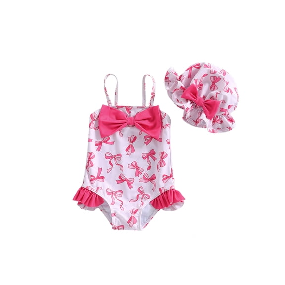 BemeyourBBs Toddler Baby Girl Swimsuit Infant Bathing Suit One-piece Swimsuits With Sun Hat Set Strawberry Bow Rash Guard Spaghetti Strap Swimwear Summer Beach Wear