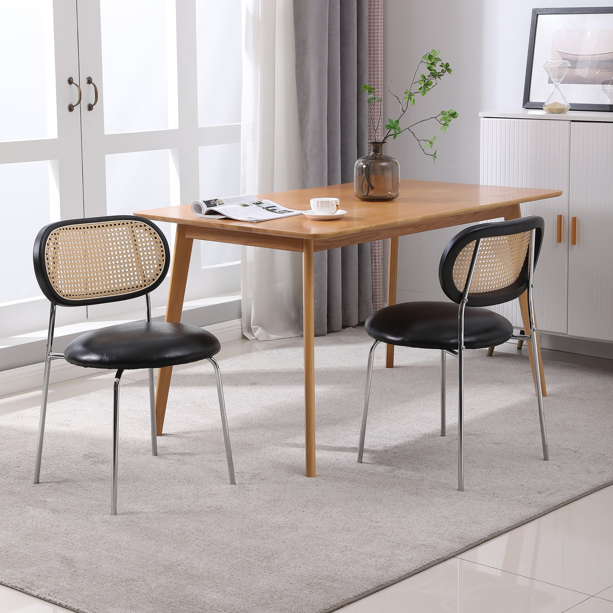 Kadyn PU 2pcs Dining Room Chairs with Rattan Backrest for Kitchen, Black Kitchen Chairs Kadyn PU 2pcs Dining Room Chairs with Rattan Backrest for Kitchen, Black Kitchen Chairs