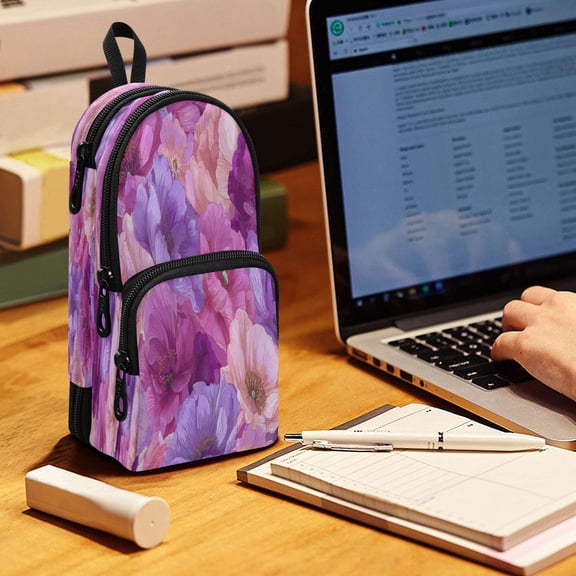 Backpack Pencil Case, 3 Compartment Large Capacity Oxford Fabric Pencil Pouch / Vibrant Fantasy Rose Pattern