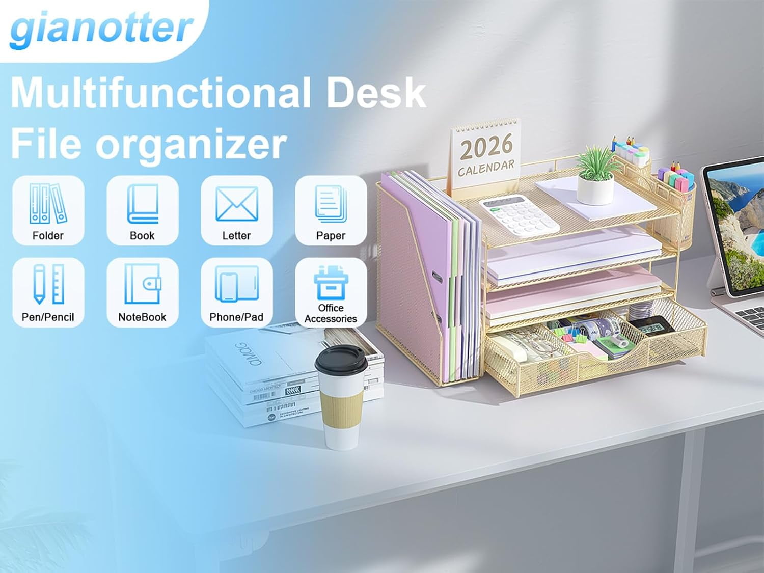 Desk Organizers and Accessories with File Holder, 4-Tier Desk Accessories & Workspace Organizers with Drawer and 2 Pen Holders, Paper Organizer for Office Supplies (Gold), gianotter