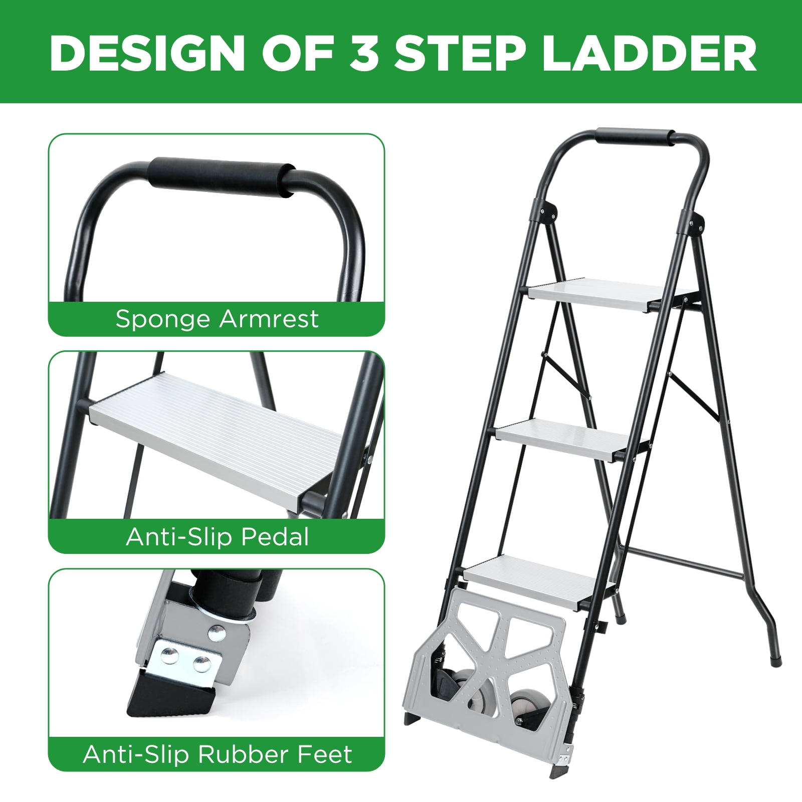 2 in 1 Step Ladder & Hand Truck,Aluminum 3 Step Stool,Folding Ladder with Anti-Slip Pedal,Heavy Duty Dolly Cart, Utility Platform Cart with Wheels