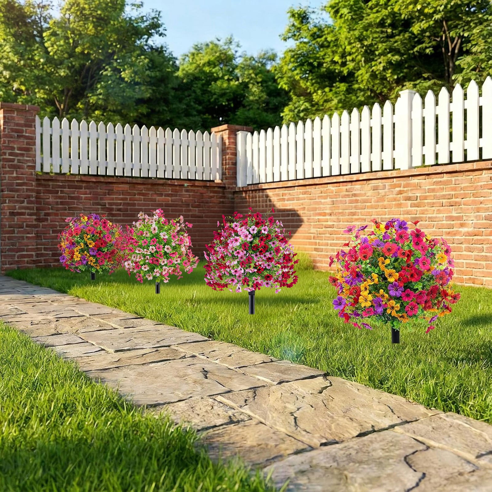 20" Artificial Topiary Ball Flowers For Outdoors Planters,Spring Decoration with Spike,UV Resistant Faux Summer Plants,Fake Bushes Indoor Decor,Mix 4 Colors for Garden,Porch & Patio