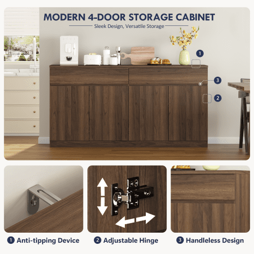 63.1" Sideboard Buffet Cabinet with Storage, 2 Drawers & 4 Doors, Large Kitchen Dining Room Credenza, Coffee Bar Table, Walnut