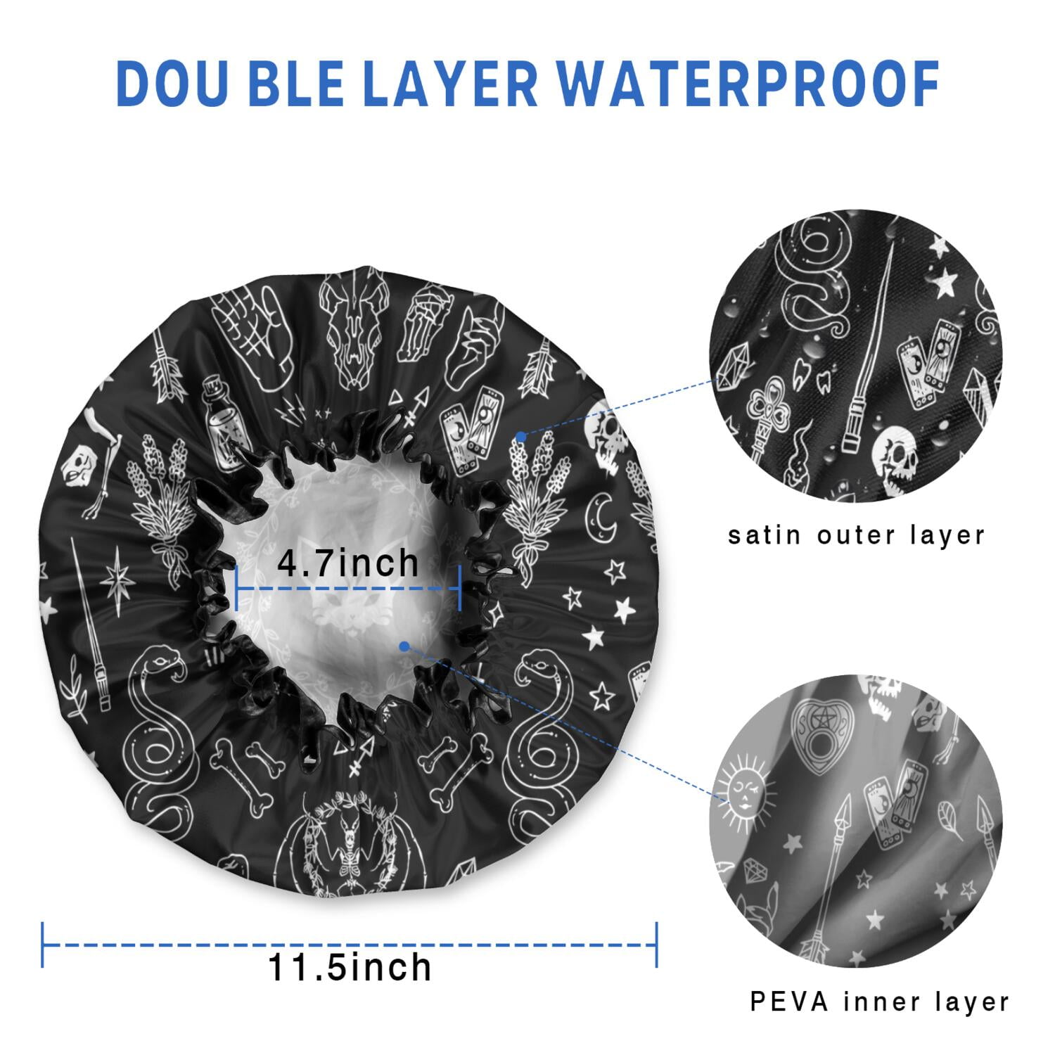 Shower Caps,Black Gothic Skull Cat Pattern Waterproof Shower Cap for Women 4 Pieces,Double Reusable Hair Cover for Shower PEVA Elastic Stretch Hem