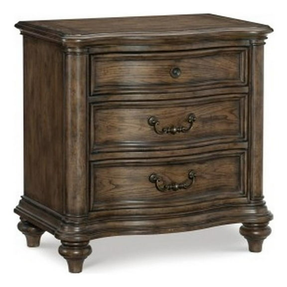 Deborah 30 Inch Nightstand- 3 Drawers- Bronze Drop Handles- Brown Wood