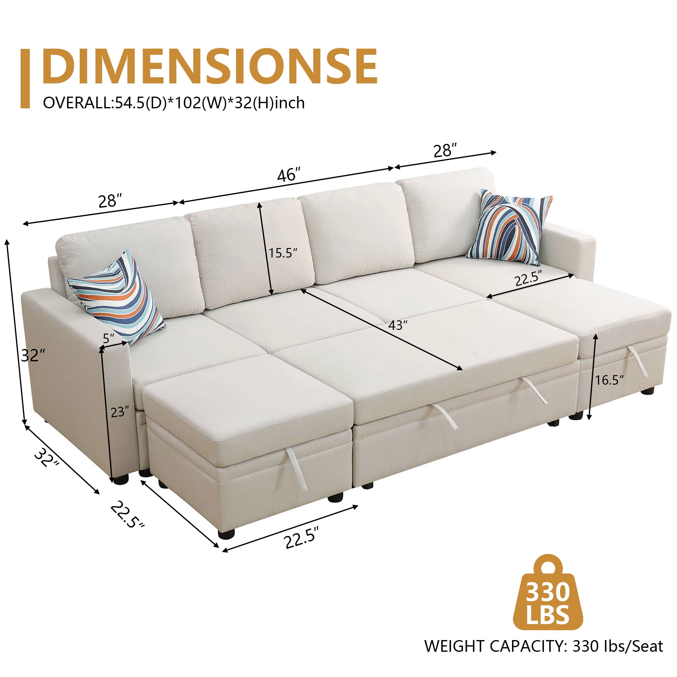 AENKYO 102" U-Shaped Sectional Sofa Bed, Linen Pull Out Sleeper Couch with Storage Seats for Living Room，White
