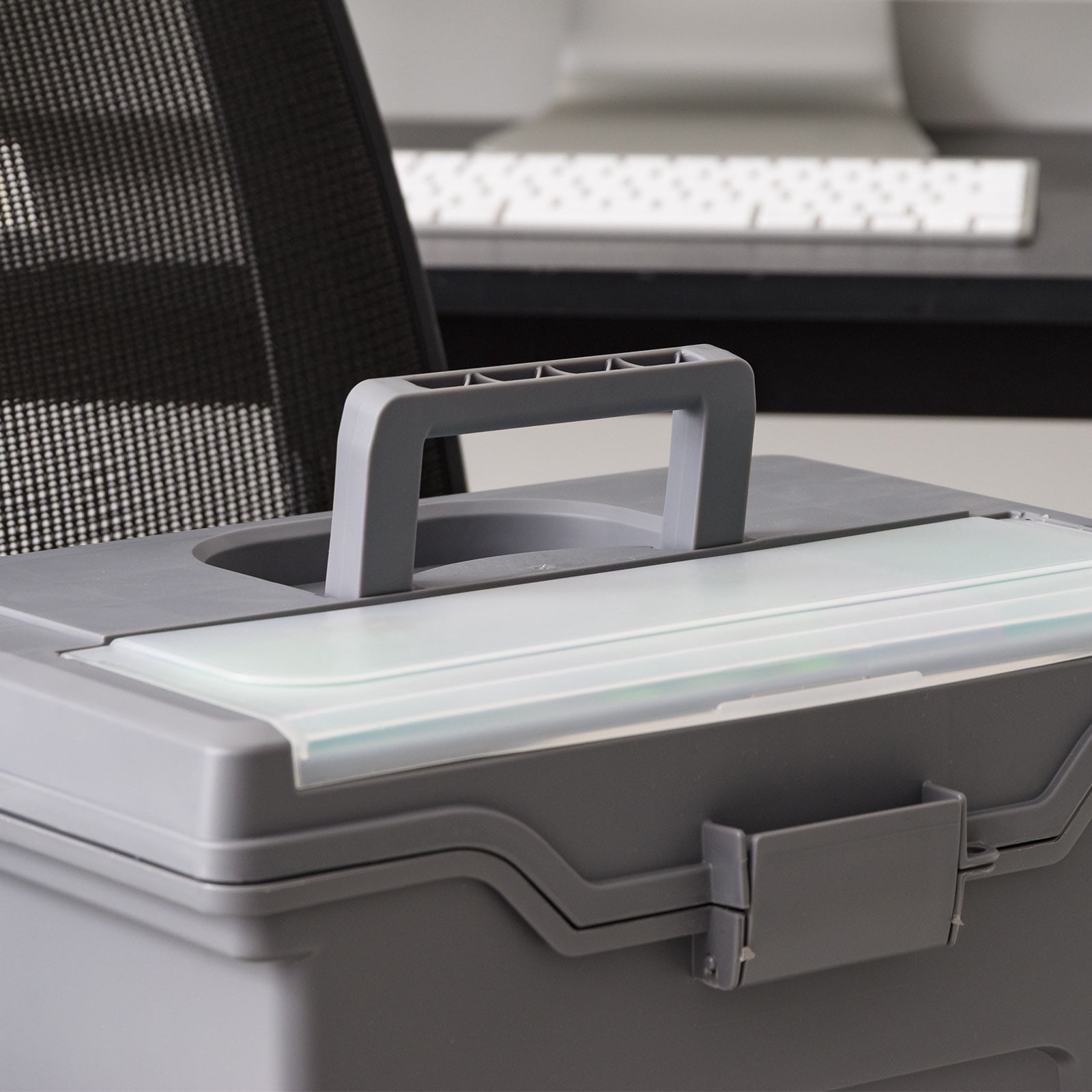 IRIS, Portable Plastic File Box with Organizer Lid, Letter Size, Gray, 4 Pk