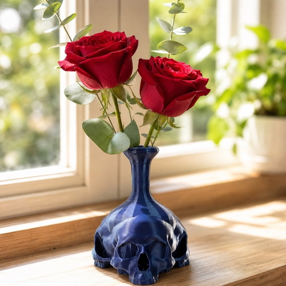 Navy Blue Skull Printed Gothic Home Decor, Dried Flowers Dark Style Multi Skull Halloween Vase, Spooky Halloween Centerpieces for Tables, 23x16x13cm