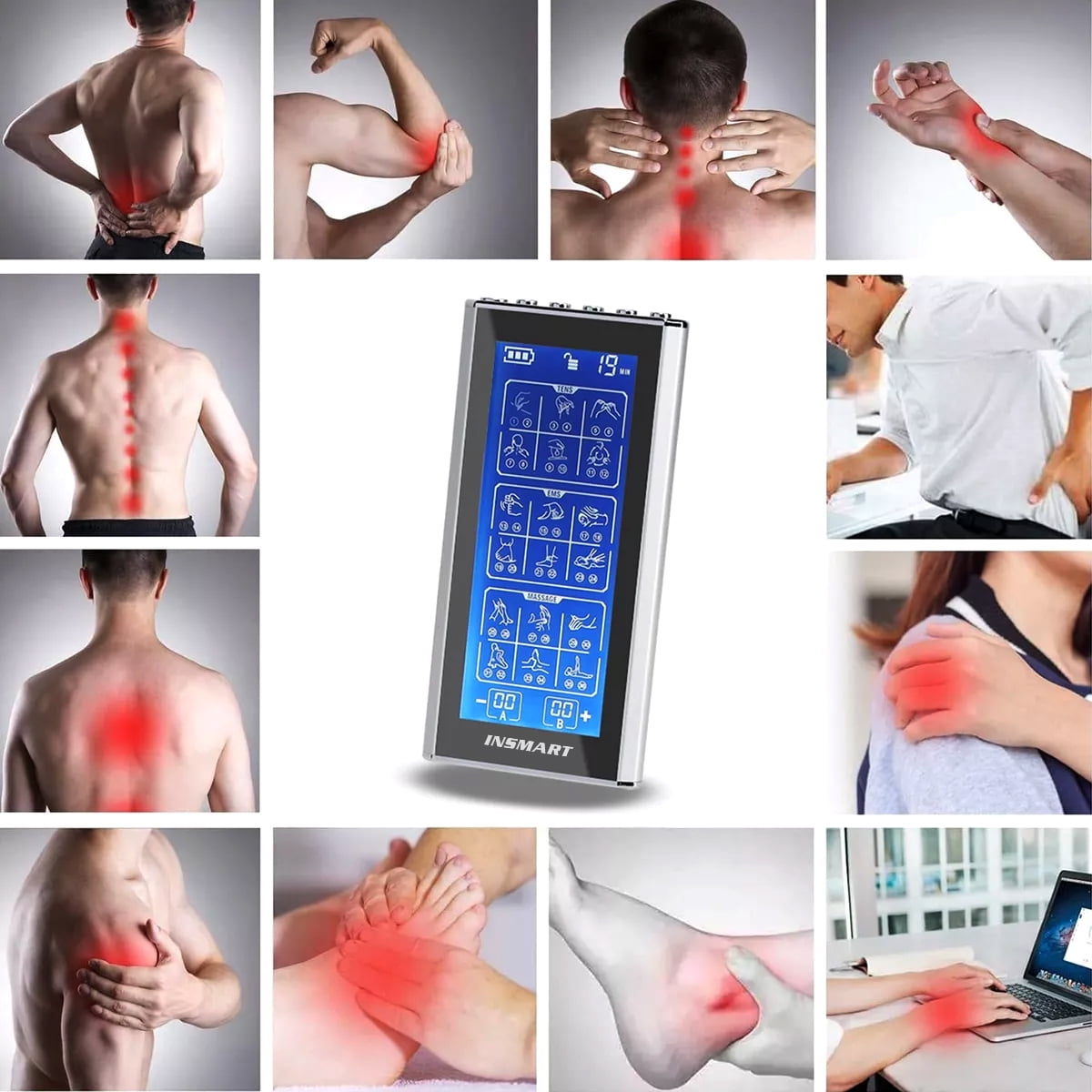 INSMART 3-in-1 TENS Unit Rechargeable Muscle Stimulator EMS Dual Channel with 10 Reusable Electrode Pads 36 Modes for Back Neck Pain Muscle Therapy Pain Management Pulse Massager