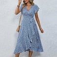 thumbnail image 4 of Wedding Guest Dresses For Women, Floral Chiffon Short Sleeve Ruffle V Neck Tie Tunic Flowy Maxi Beach Dress Shirts Denim Church Dresses Women Bridesmaid Elegant Dresses Outfits (M, Blue) ZMTing, 4 of 5