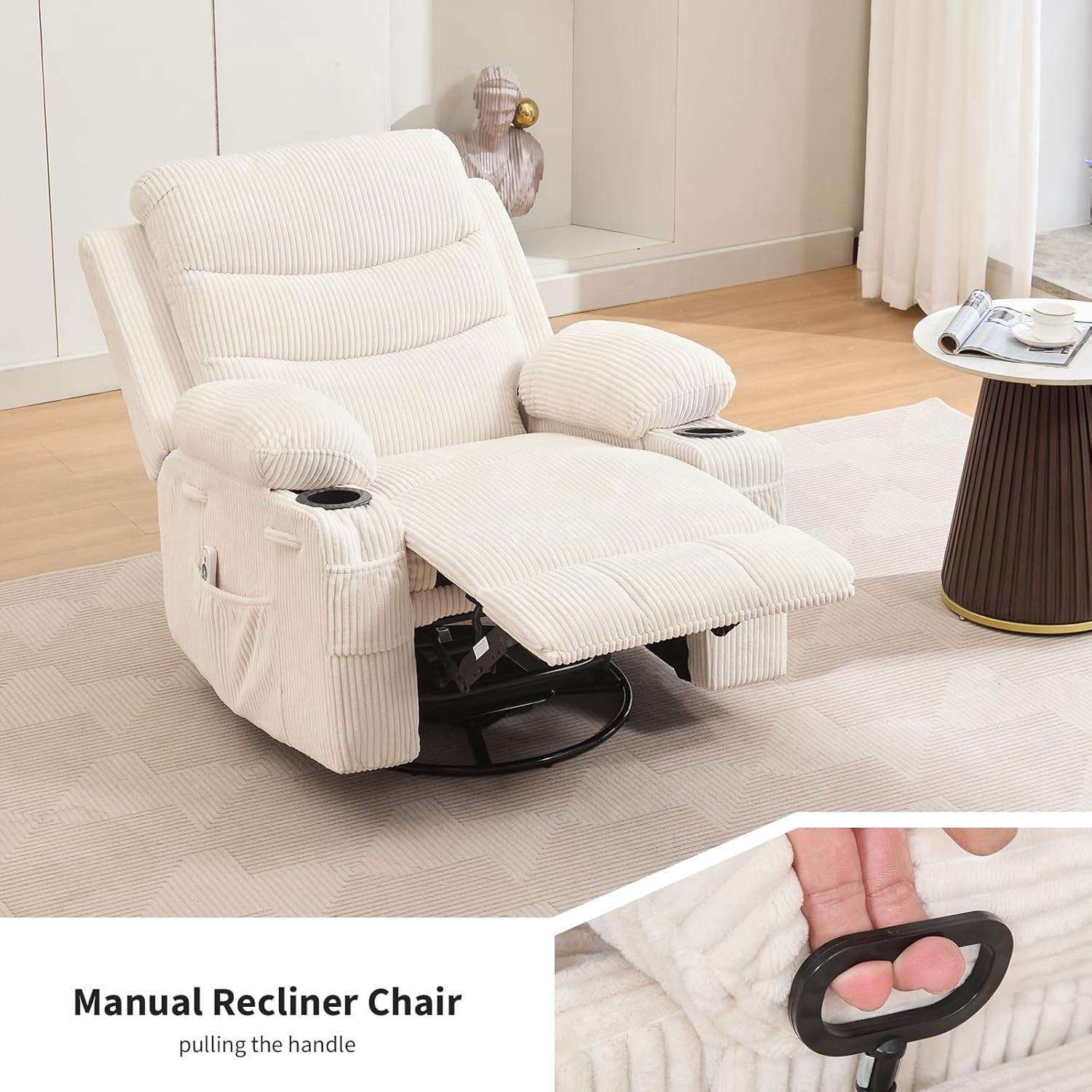 Recliner Chair Nursery, Oversized Manual Reclining Rocking Chair, 360 Swivel Glider with Cup Holder, Massage and Heat Recliner, Indoor Small Single Sofa Chairs for Adults, RV, Bedroom（Corduroy，Beige）