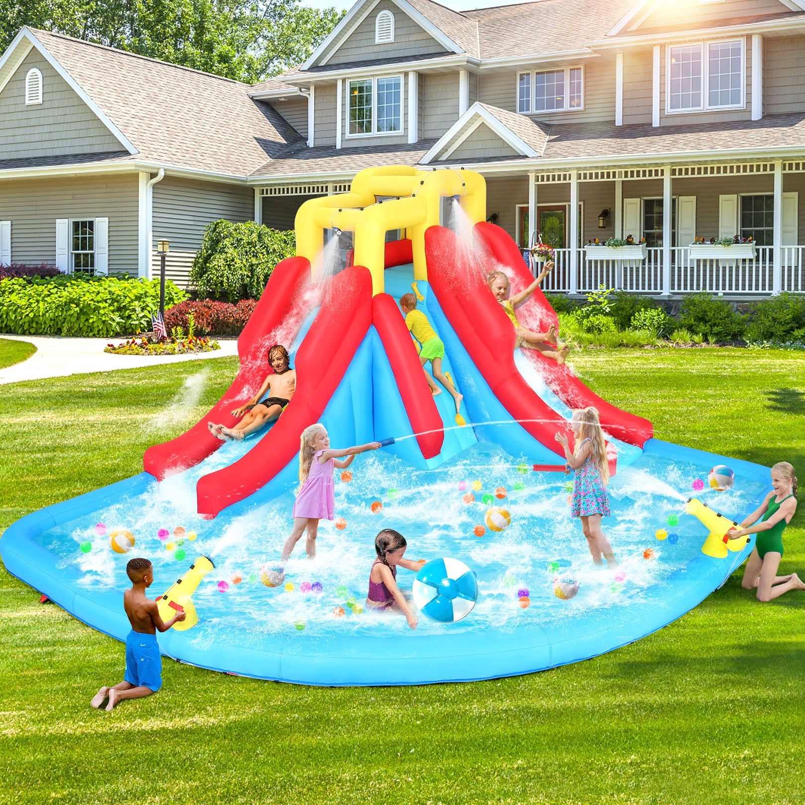Veeboto Inflatable Water Slide, Inflatable Water Slide with 440W Blower, Includes Large Play Pool, Double Slides, Climbing Wall, Double Water Cannons for Large Water Parks