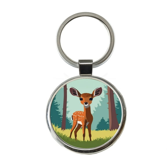Deer Fawn Standing Metal Round Keychain