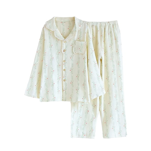 Womens Pajama Sets Women's Soft Pajama Long Sleeve Button Down Top with Pants Comfortable Sleepwear for Cozy Nights Relaxing Weekends Floral Print Turn Down Collar Full Length Light Yellow L