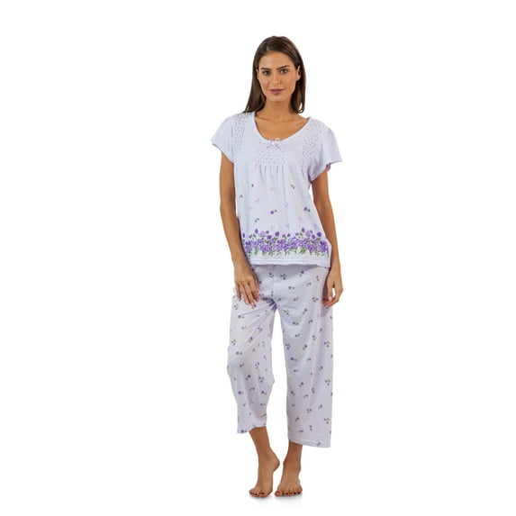 Casual Nights Women's Short Sleeve Top with Capri Pants Pjs Floral Border Capri Pajama Set