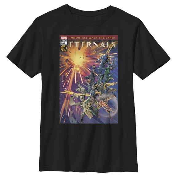Boy's Marvel Eternals Immortals Walk the Earth Comic Book Cover Graphic Tee Black Large