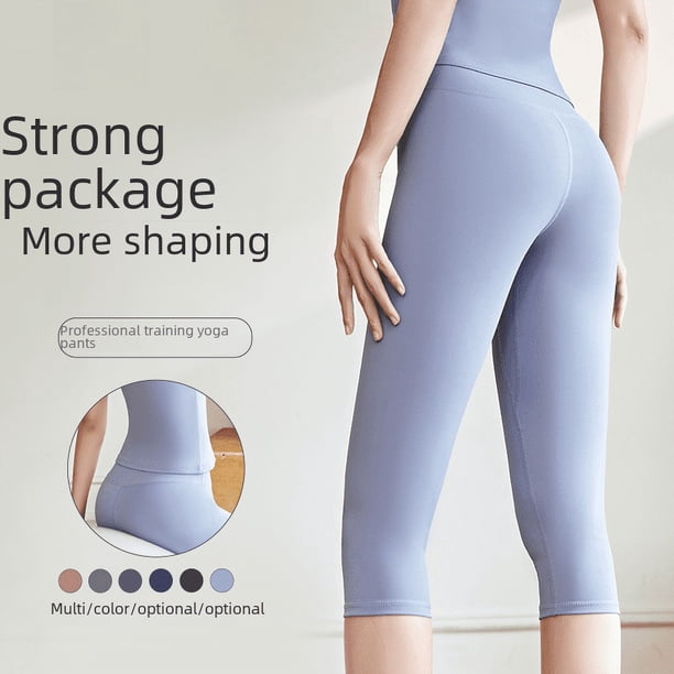 Pantalones de fitness recortados para mujer, pantalones cortos deportivos elásticos de cintura alta para levantar la cadera, pantalones ajustados de color melocotón para yoga
