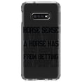 thumbnail image 1 of DistinctInk Clear Shockproof Hybrid Case for Samsung Galaxy S10e (5.8" Screen) - TPU Bumper Acrylic Back Tempered Glass Screen Protector - Horse Sense Keeps it from Betting on People, 1 of 2