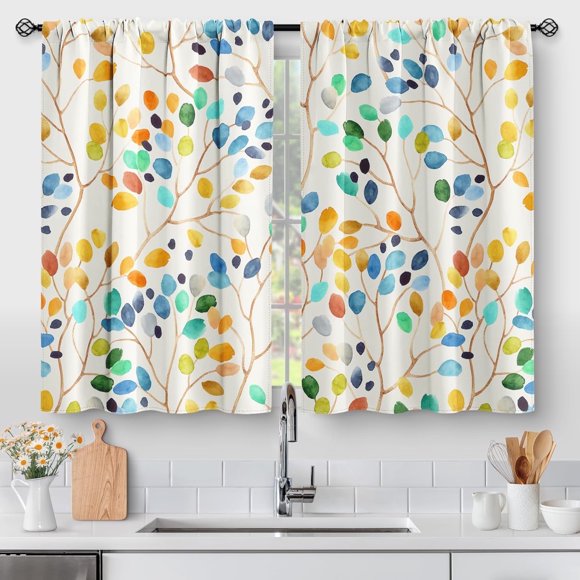 Colorful Leaves Kitchen Curtains - Floral Spring Botanical Tier Cafe Curtains Farmhouse Country Small Window Curtains for Bathroom Living RV Rod Pocket Window Drapes 24 Inch 2 Panels Set 28"x24"