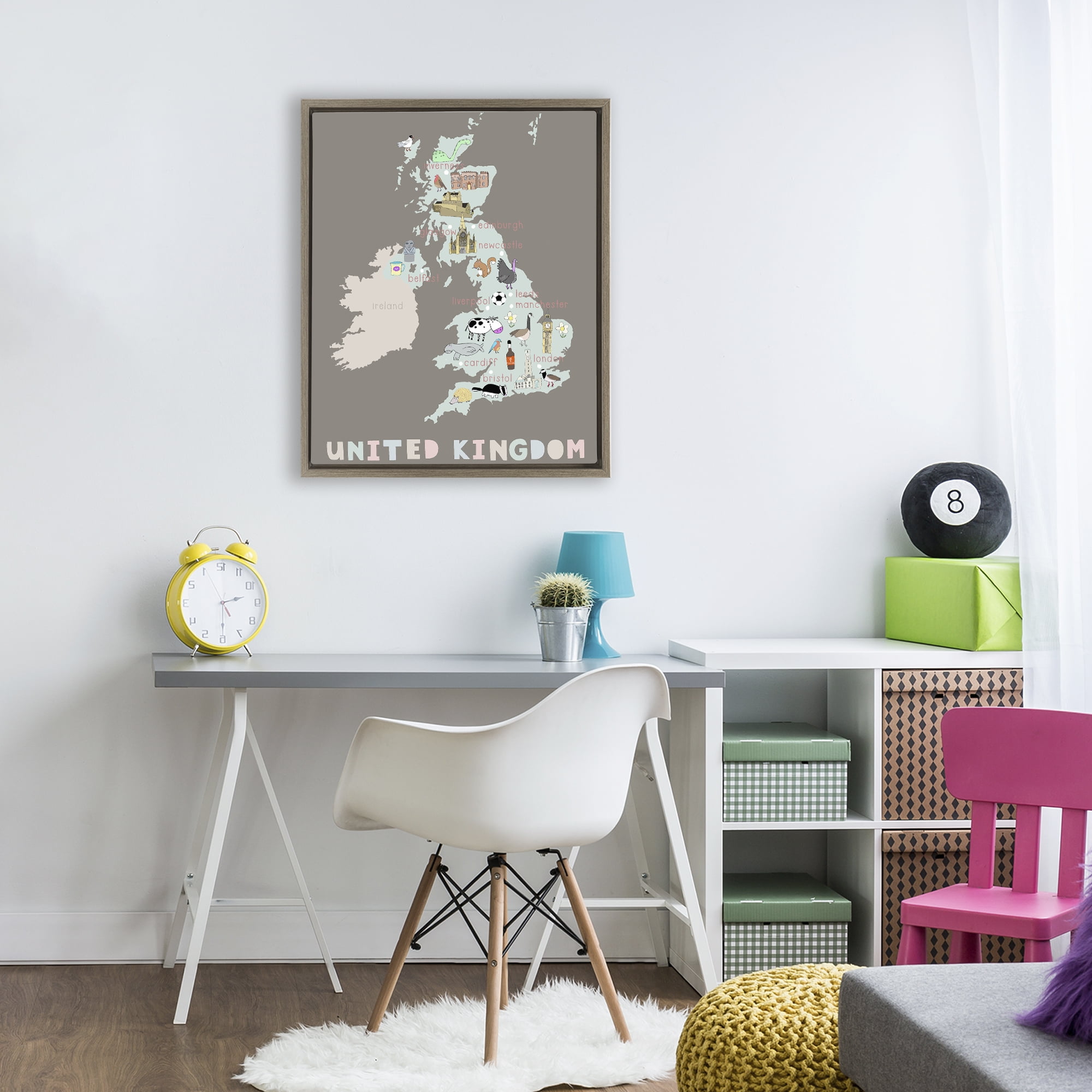 Kid's Map of United Kingdom Brown Framed Floater Canvas Wall Art, design by Carla Daly