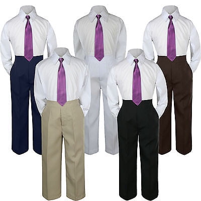 

3pc Eggplant Plum Tie Suit Shirt Pants Set Baby Boy Toddler Kid Uniform S-7