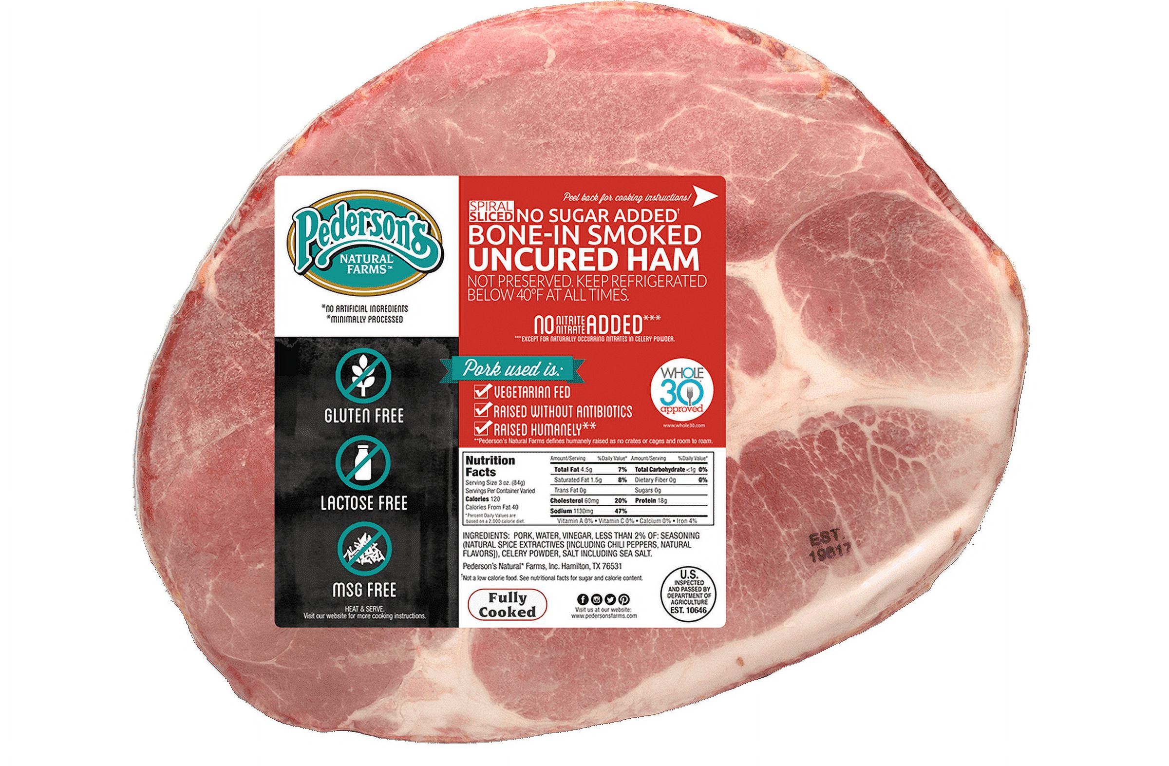 Pedersons Farms, No Sugar Spiral Sliced Bone-In Uncured Half Easter Ham (7 Pound Average)