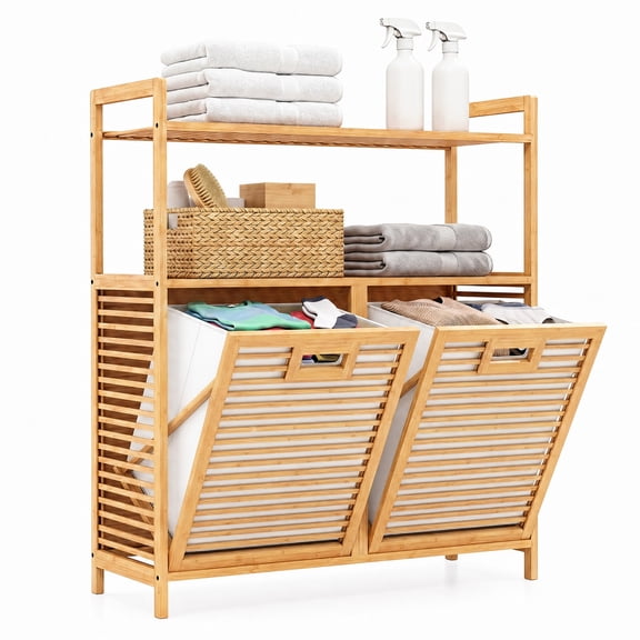 Vebreda Laundry Hamper with 2 Removable 7-Gallon Baskets, Double Tilt-Out Laundry Hamper Cabinet with 2 Open Shelves, Natural Bamboo