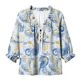 thumbnail image 4 of NTACZA Casual Women'S Summer&nbsp;Tops Boho Paisley Blouses Knot Front Ruffled V Neck Relaxed Fit 3/4 Sleeve Puff Vacation Blue, 4 of 8
