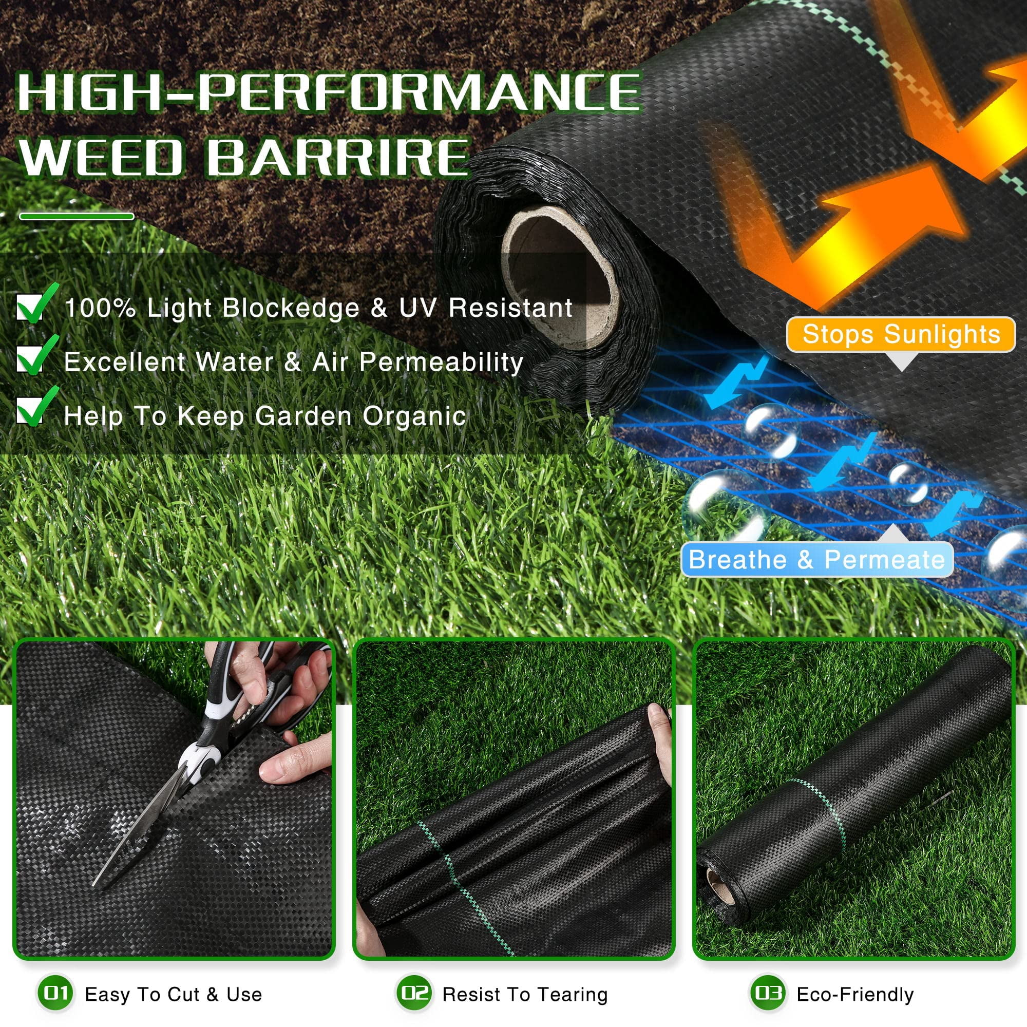 Weed Barrier Landscape Fabric Heavy Duty  2.6ft X 100ft Thicken Garden Blocker Mats Control Cloth Woven Geotextile For Beds Underlayment Commercial Driveway