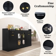 Costway 55” Large Buffet Cabinet with 2 Glass Doors, 2 Drawers, 2 Door Shelves for Kitchen Black