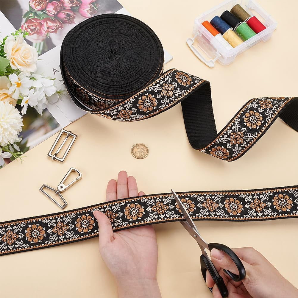 10Yards Vintage Jacquard Webbing Trim 2inch Embroidered Ribbon Boho Lace Trim Ethnic Floral Woven Trim for DIY Clothing Accessories Sewing Crafting Home Decor Khaki 1roll